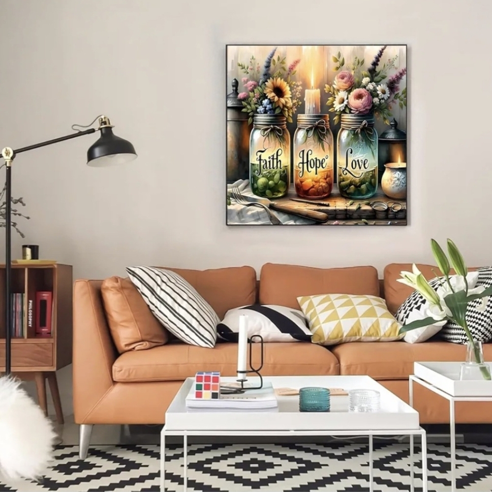 Faith Hope Love Candle Flowers Mason Jars 5D Diamond Painting Kit New - Picture 2 of 7